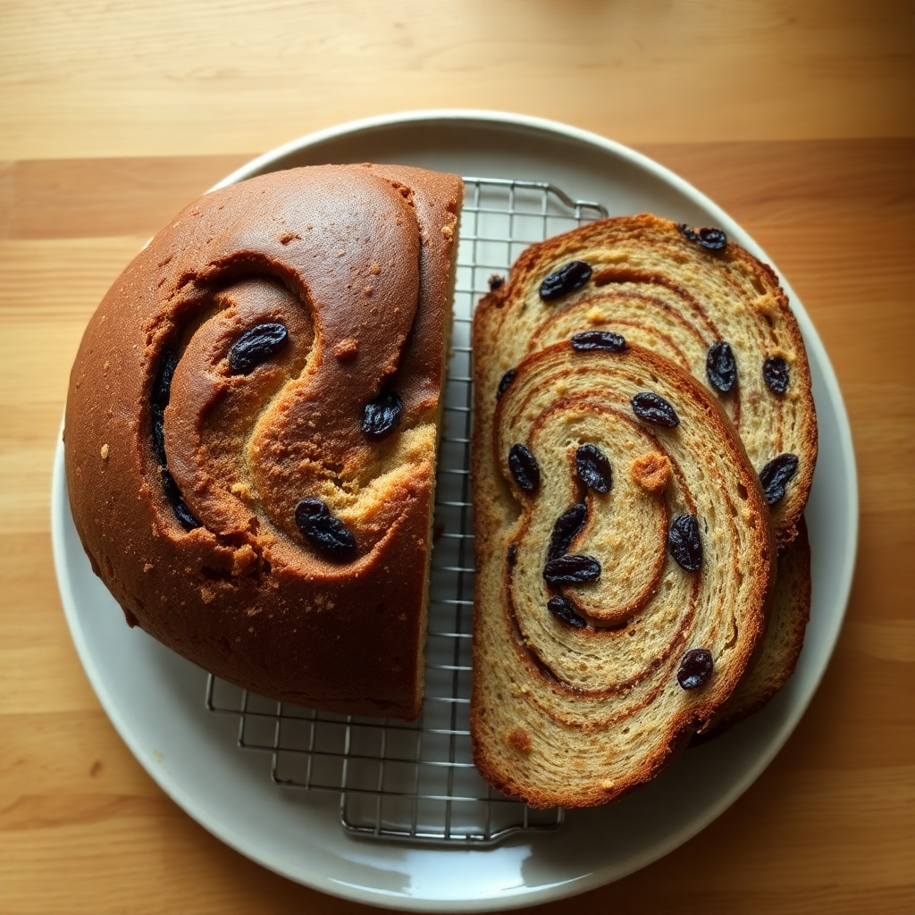 Bread machine cinnamon raisin bread step 5: sliced loaf showing cinnamon swirl pattern and raisins distributed throughout, on a wooden board
