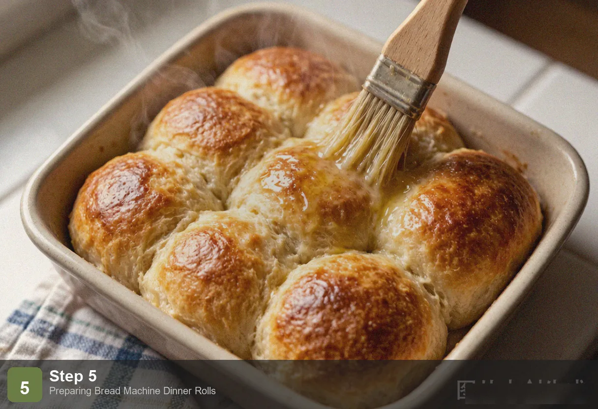 Bread machine dinner rolls step 5: golden brown rolls fresh from oven, brushed with egg wash, pull-apart sides visible Bread machine dinner rolls step 5: golden brown rolls fresh from oven, brushed with egg wash, pull-apart sides visible