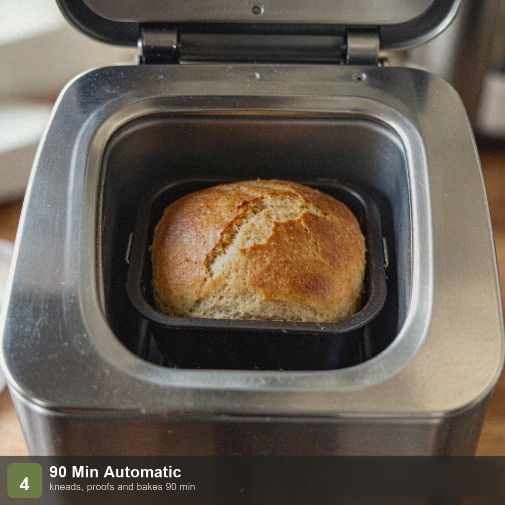 Bread machine fast loaf step 4: small loaf rising and baking fast through the window, near end of 90-minute cycle