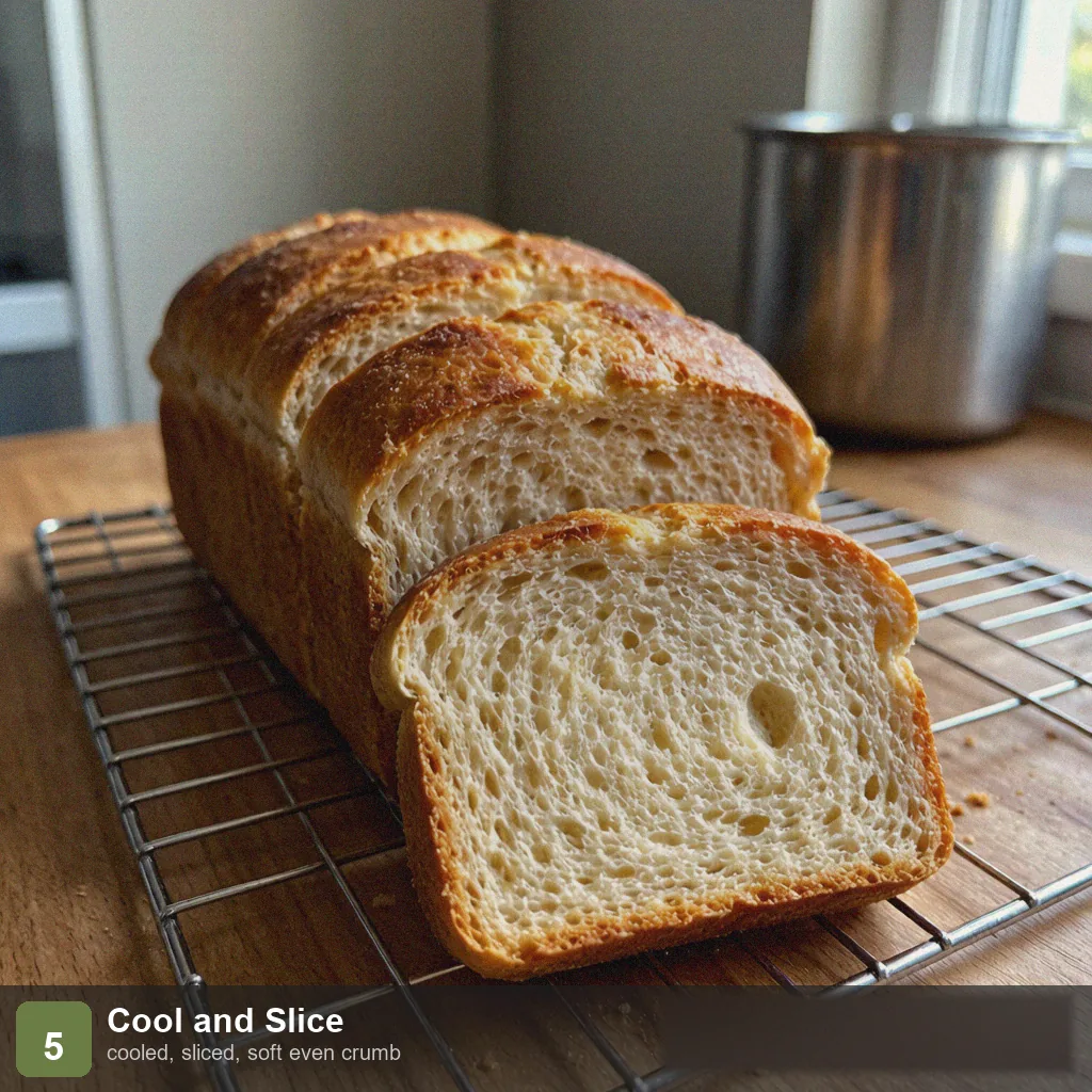 Bread machine fast loaf step 5: small loaf cooled and sliced, soft even crumb, golden top
