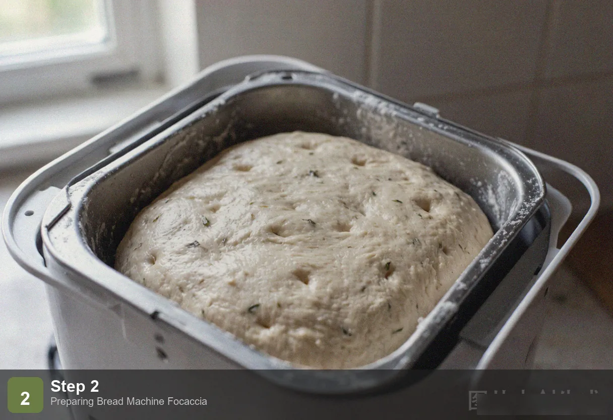Bread machine focaccia step 2: baking pan with olive oil spread on bottom, preheating in oven until shimmering
