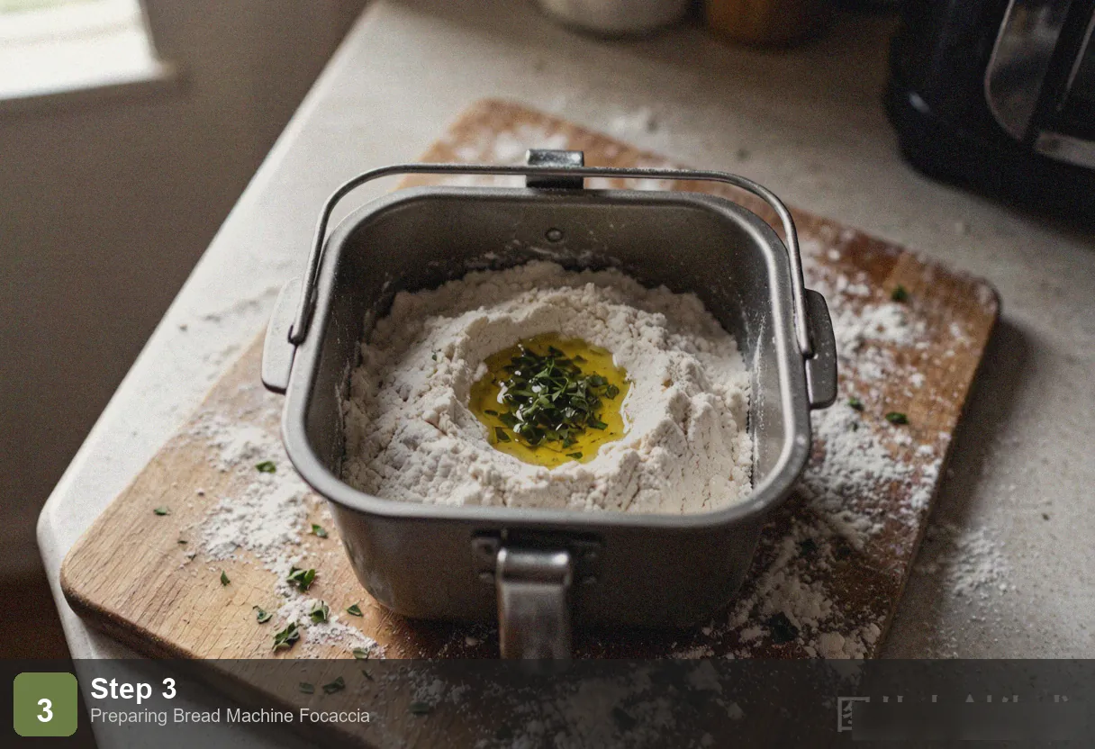 Bread machine focaccia step 3: wet dough spread in hot oiled pan, sizzling, being pressed with oiled fingertips