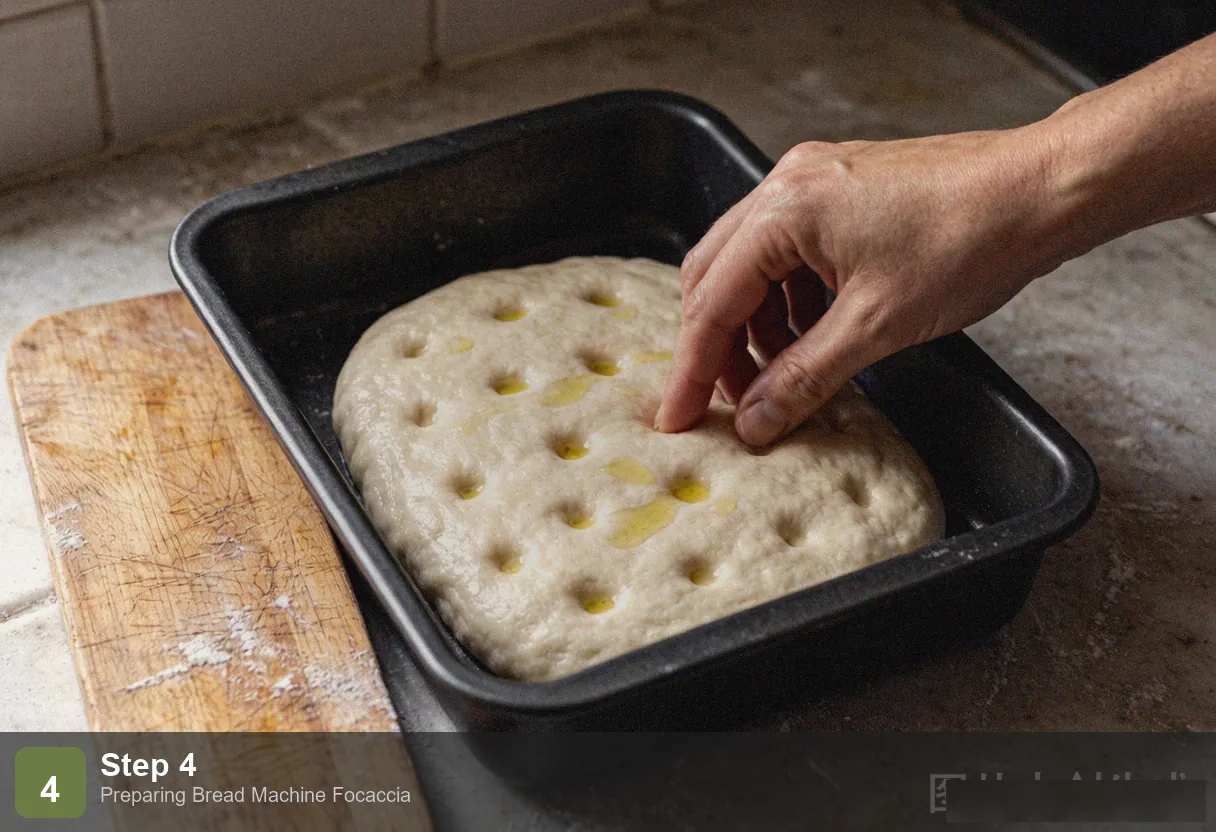Bread machine focaccia step 4: dough surface dimpled with fingertips, olive oil pooling in indentations, rosemary and sea salt sprinkled on top