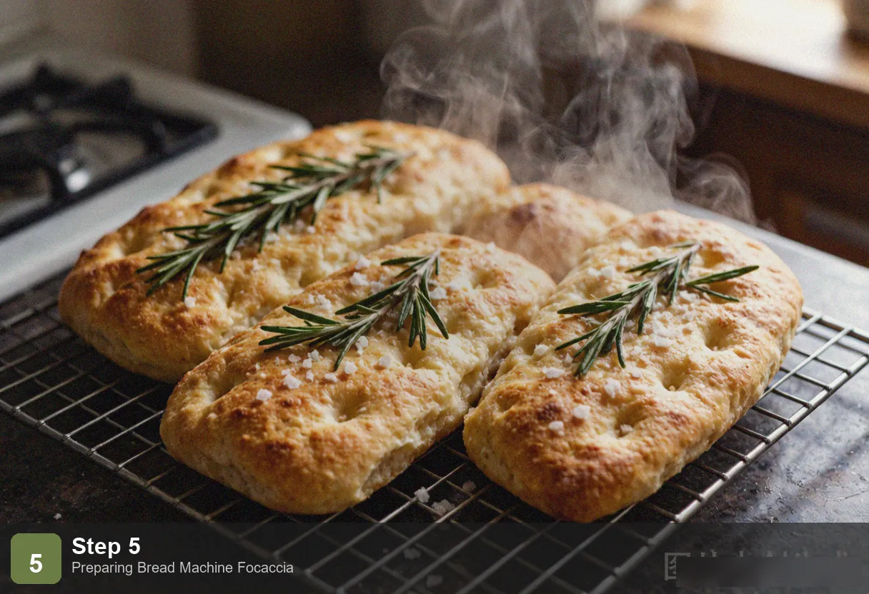 Bread machine focaccia step 5: finished focaccia golden brown with crispy edges, rosemary and salt on top, cut into squares