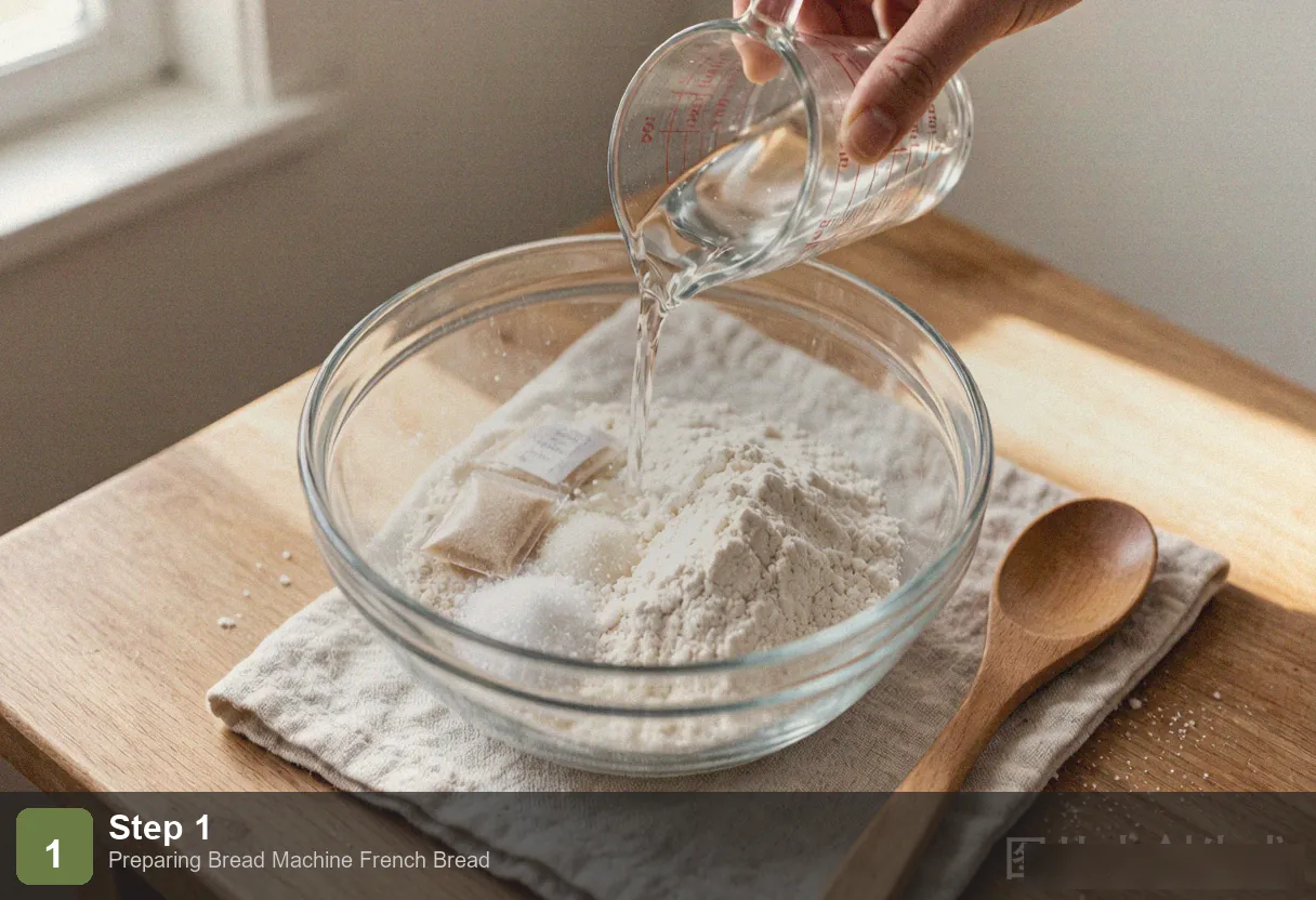 Bread machine french bread step 1: ingredients added to bread machine pan in order - water, flour, salt, sugar, yeast in center Bread machine french bread step 1: ingredients added to bread machine pan in order - water, flour, salt, sugar, yeast in center