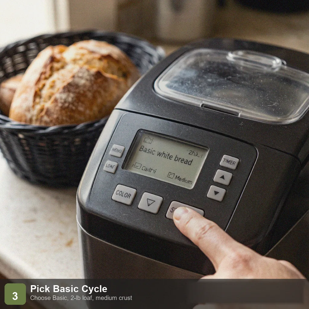 Bread machine low sodium bread step 3: bread machine display showing basic bread setting, 3-hour cycle, medium crust selected