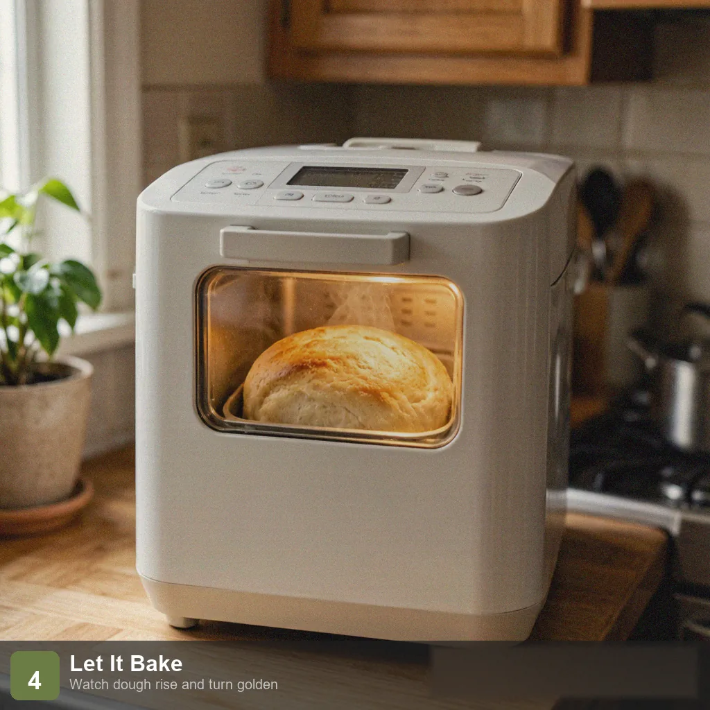 Bread machine low sodium bread step 4: bread machine working, dough risen and turning golden through the viewing window during bake