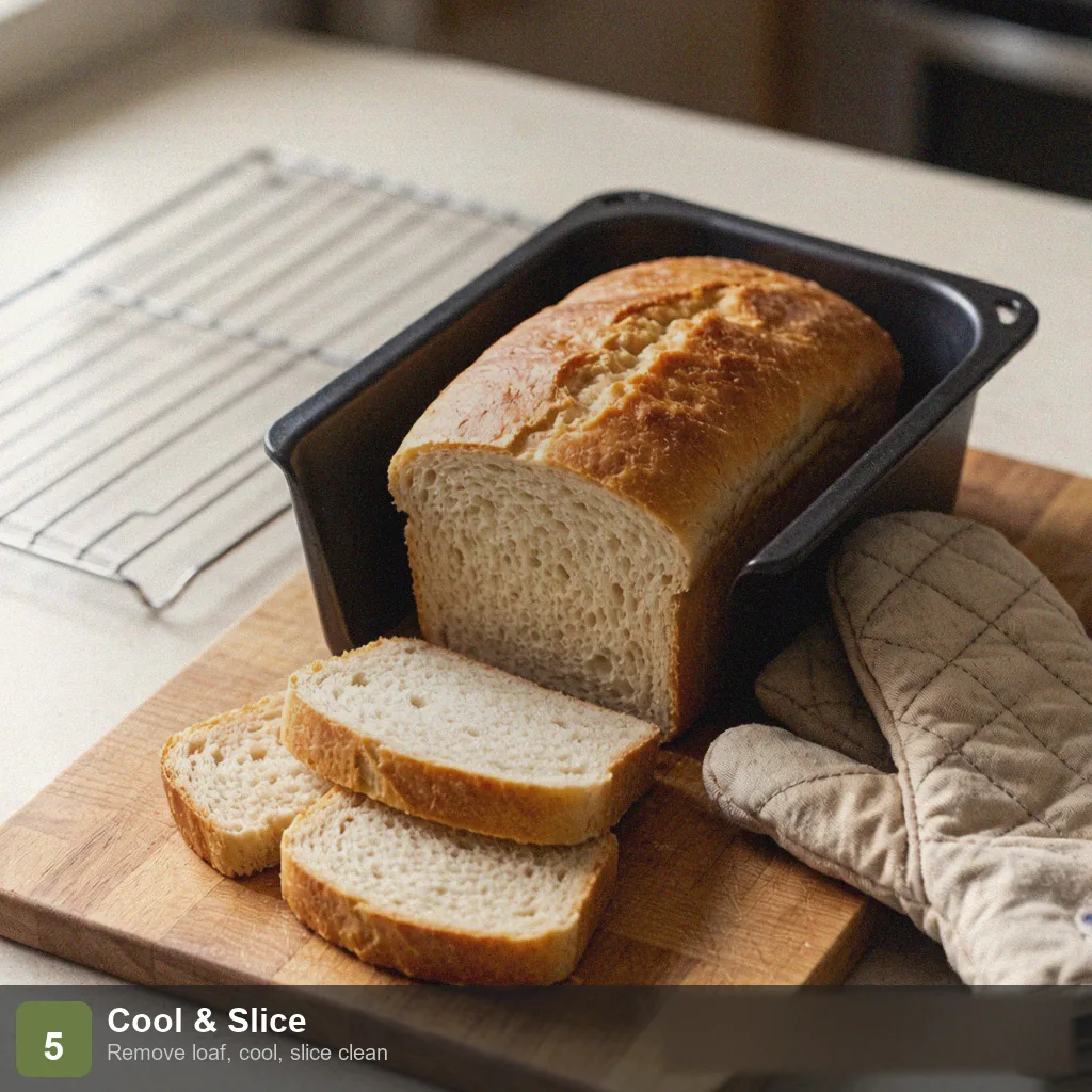 Bread machine low sodium bread step 5: loaf removed and sliced on a board, showing soft crumb and golden crust, no salt added