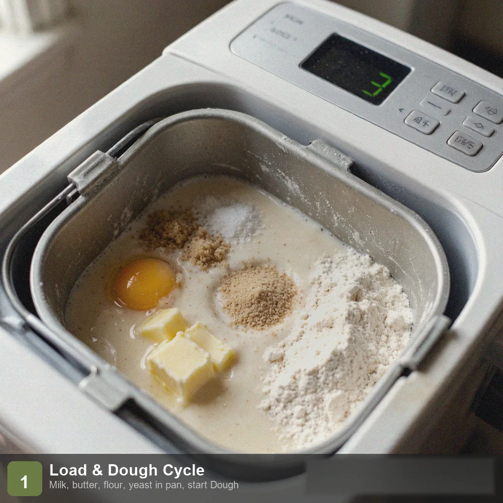 Bread machine low sodium dinner rolls step 1: milk, water, butter, flour, egg, yeast added to pan, dough cycle selected