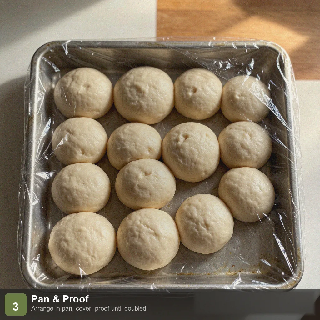 Bread machine low sodium dinner rolls step 3: 12 balls placed in greased pan, covered, proofing until doubled and touching