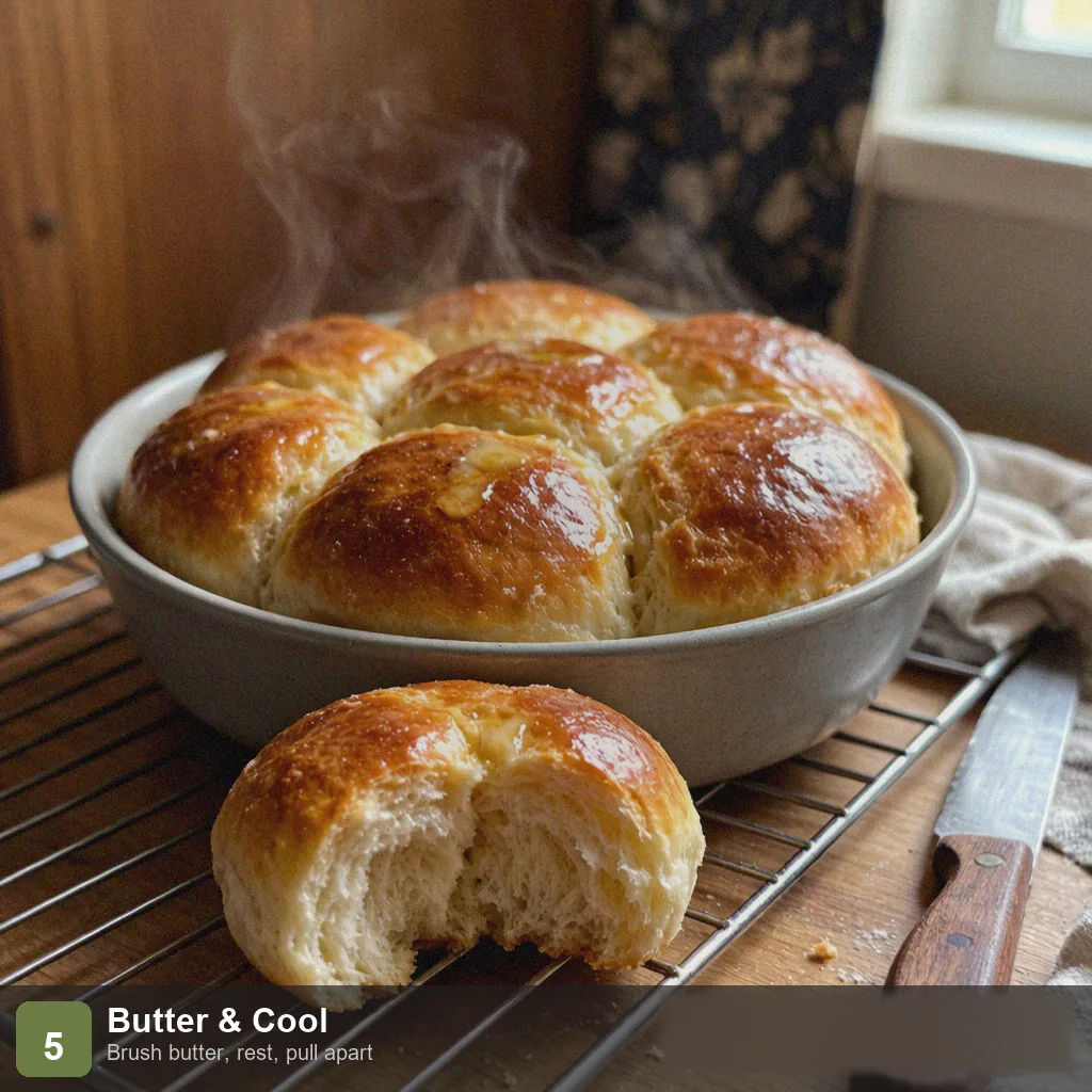 Bread machine low sodium dinner rolls step 5: hot rolls brushed with butter, pulled apart showing soft fluffy interior, no salt