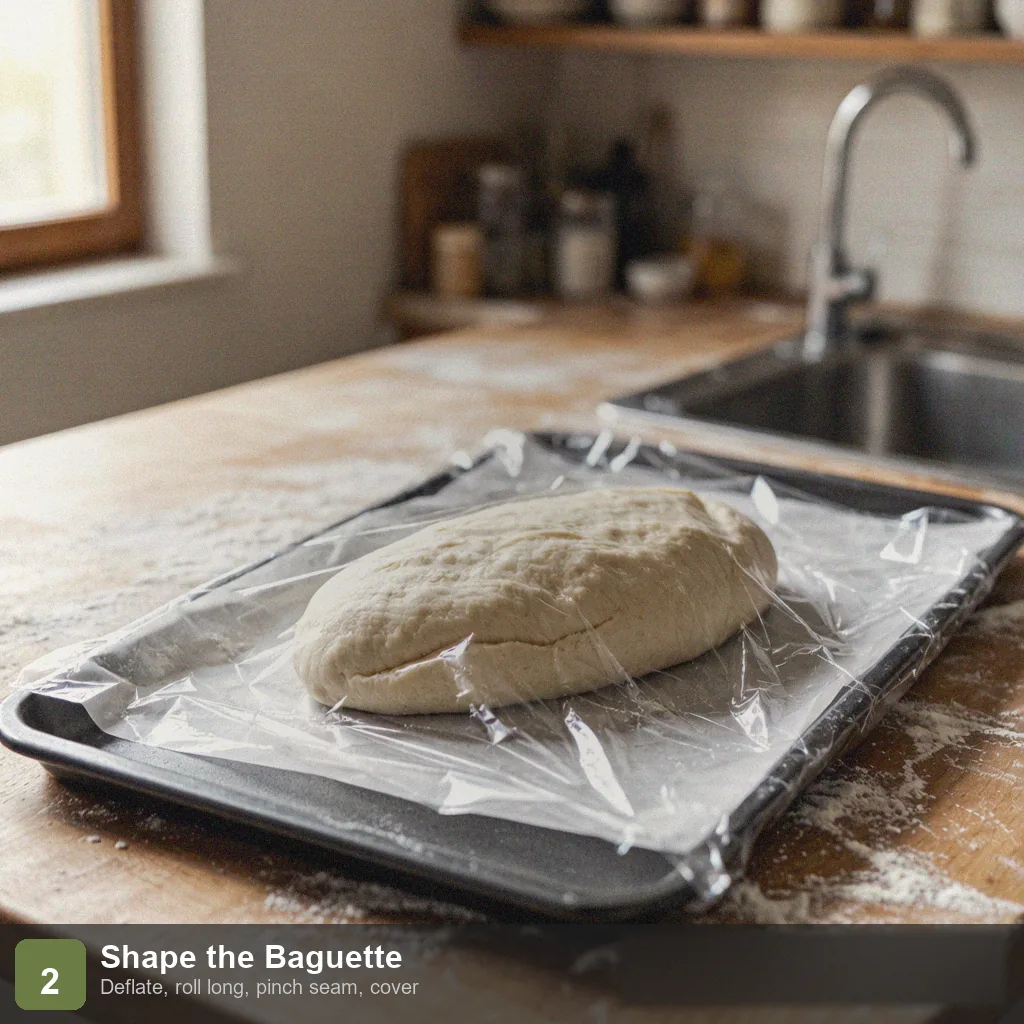 Bread machine low sodium french bread step 2: dough shaped into a long baguette on baking sheet, seam side down
