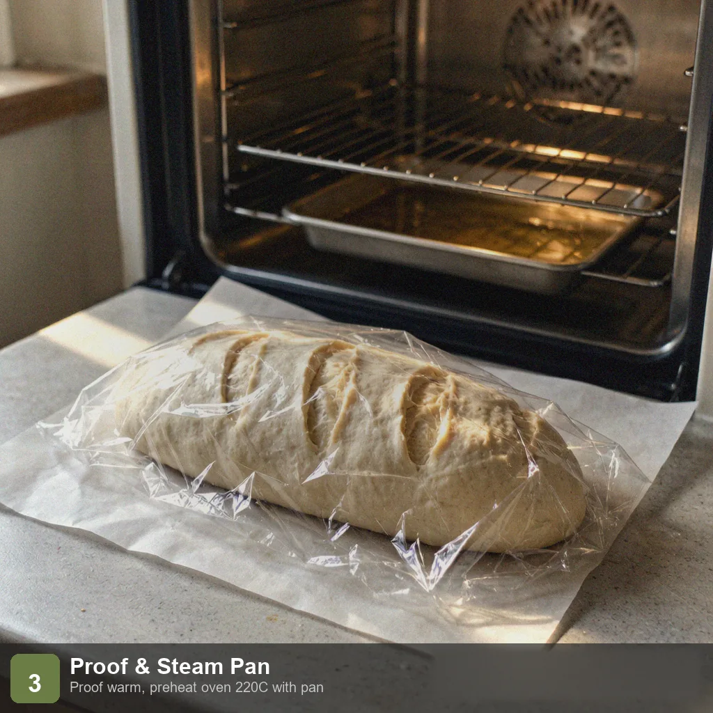 Bread machine low sodium french bread step 3: baguette proofing covered, oven preheating with steam pan below