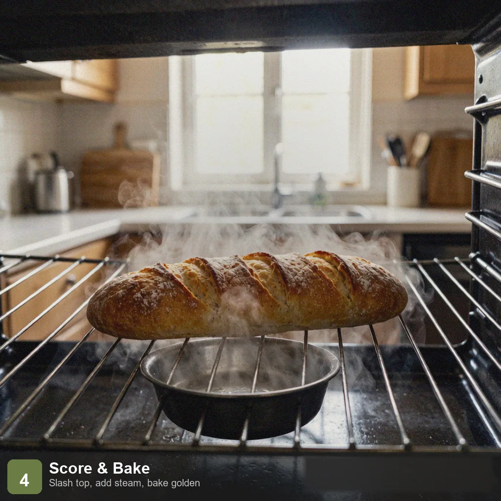 Bread machine low sodium french bread step 4: scored baguette baking with steam, golden crackled crust forming, 20-25 min