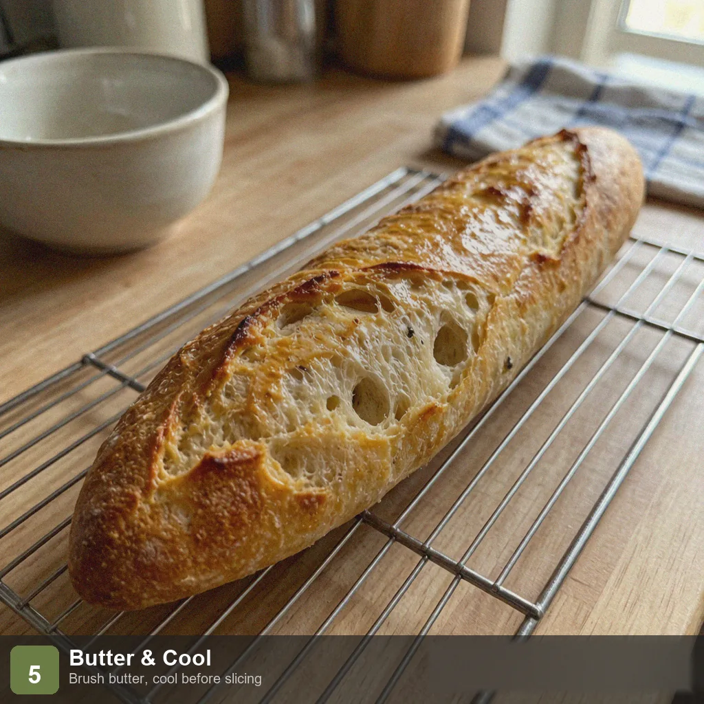 Bread machine low sodium french bread step 5: baked baguette brushed with butter, cooling on rack showing airy crumb, no salt