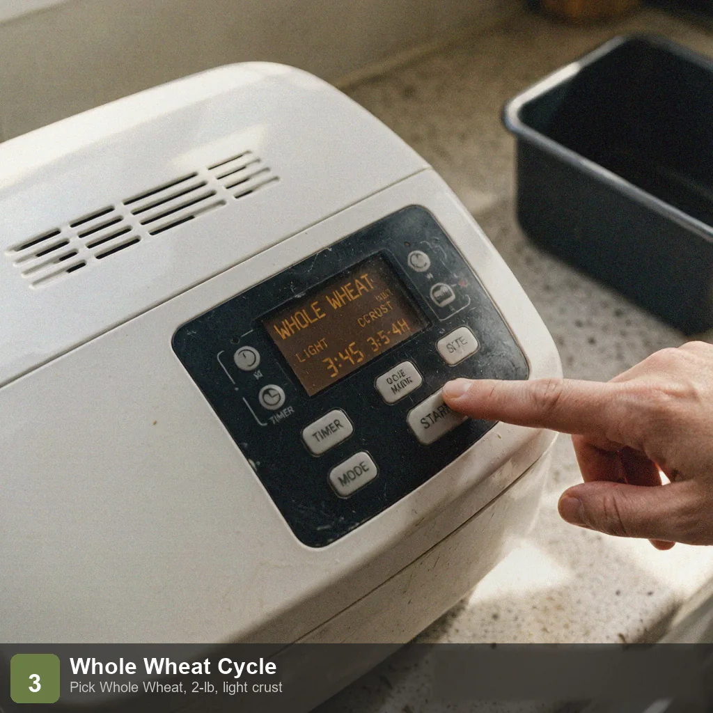 Bread machine low sodium whole wheat bread step 3: display showing whole wheat setting, longer cycle, light crust selected