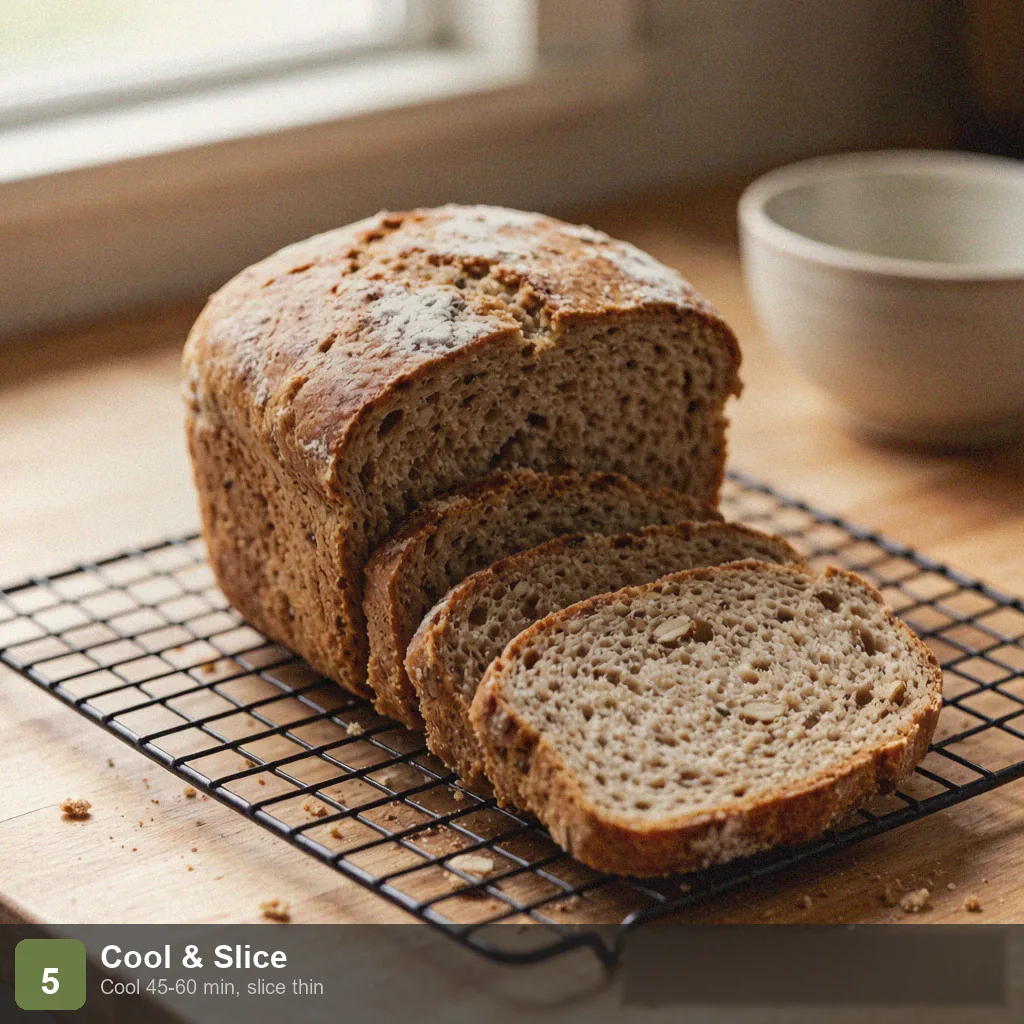 Bread machine low sodium whole wheat bread step 5: cooled loaf sliced thin, showing dense nutty crumb and crust