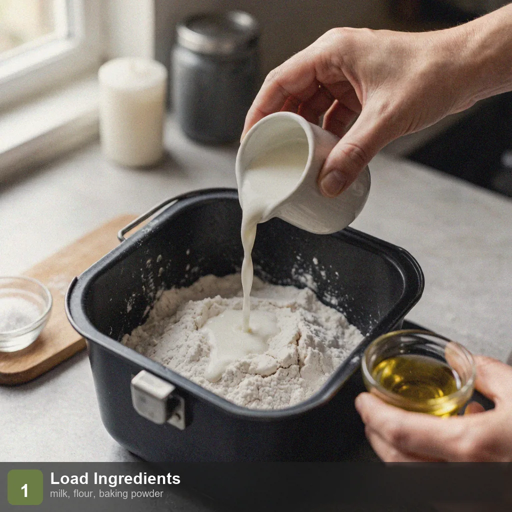 Bread machine no yeast bread step 1: milk, oil, flour, baking powder, salt and sugar measured and added to the pan