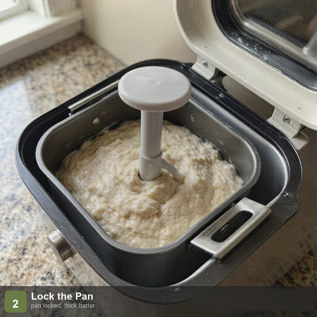 Bread machine no yeast bread step 2: pan locked into machine, paddle in place, thick batter-style dough