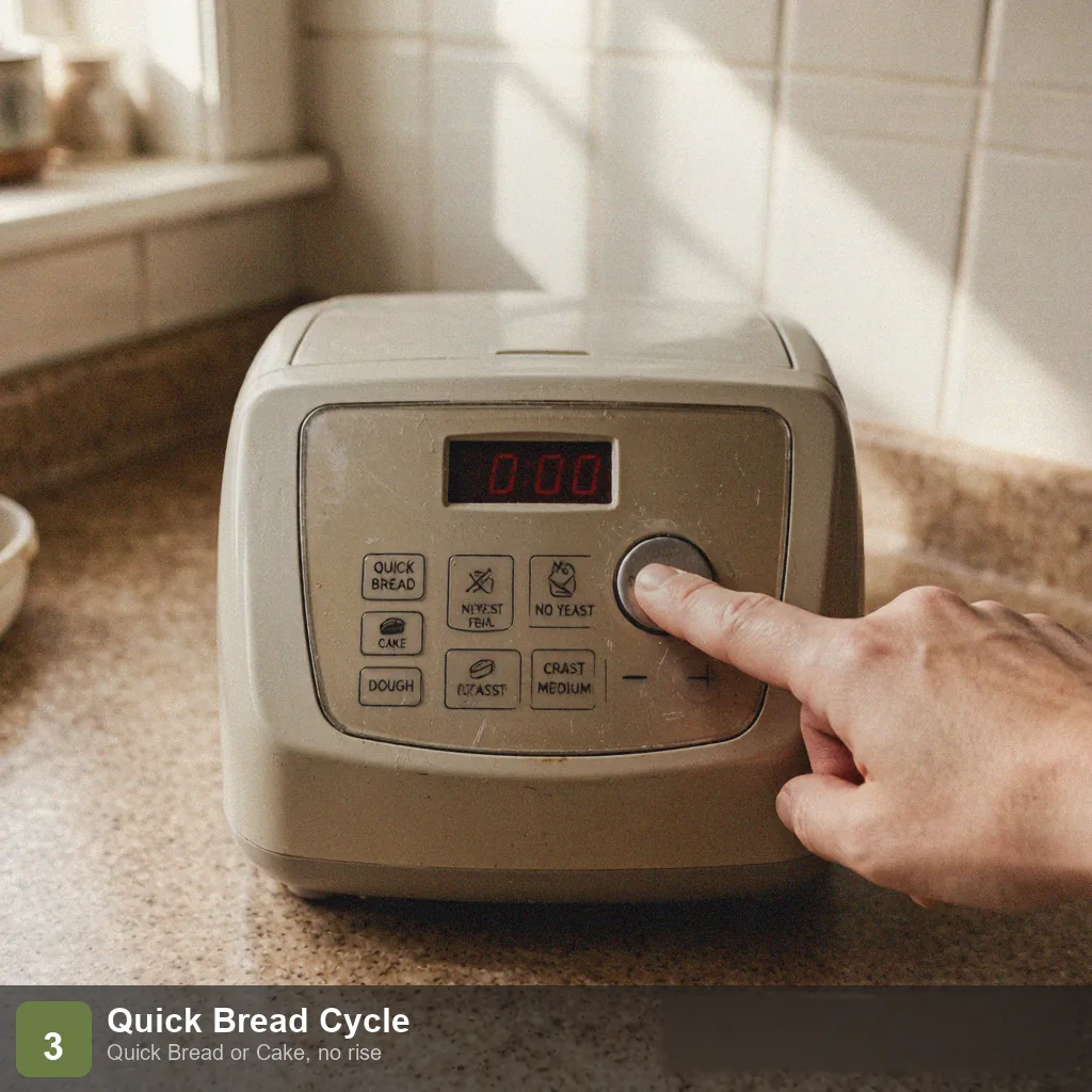 Bread machine no yeast bread step 3: control panel set to Quick Bread or Cake cycle, no yeast rise, medium crust