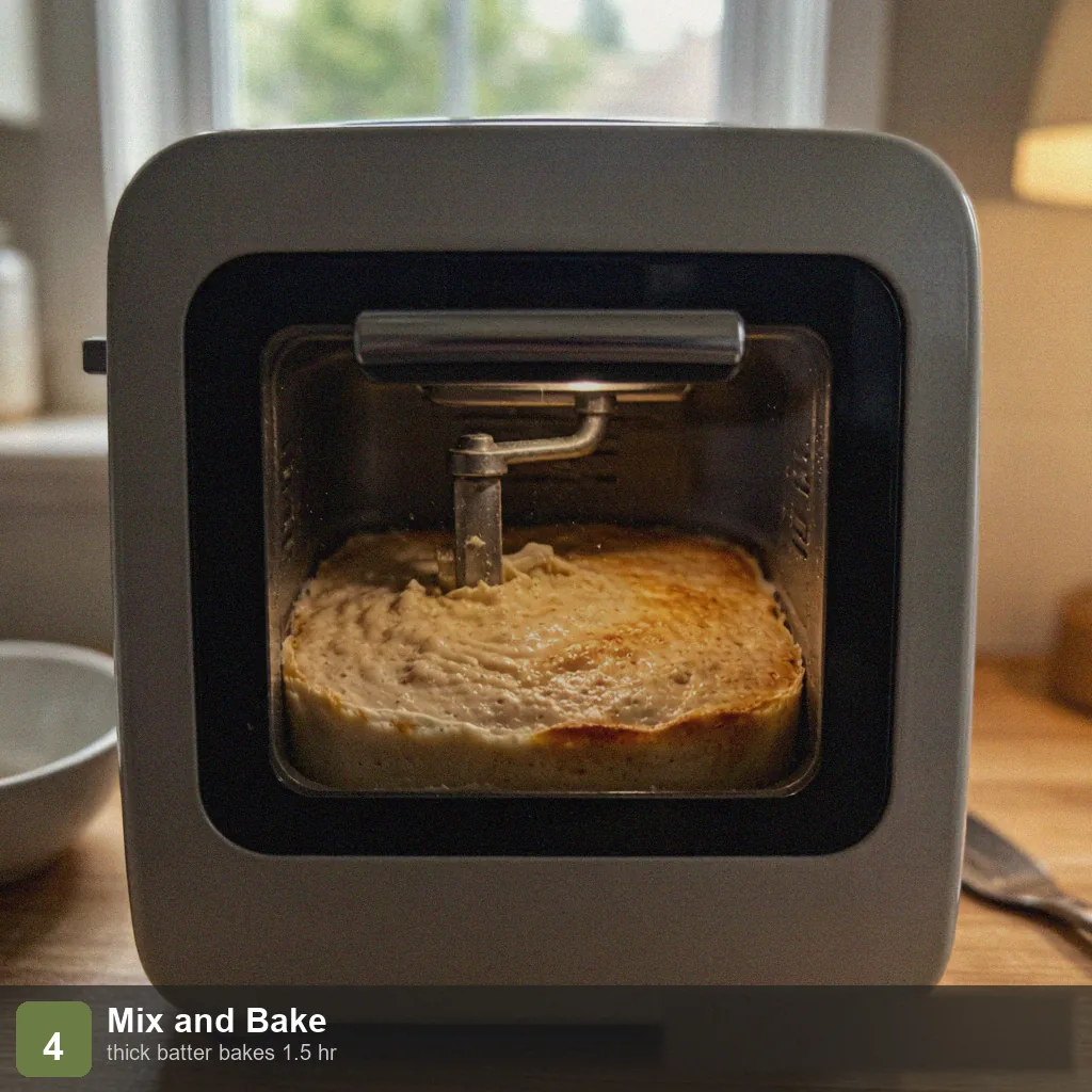 Bread machine no yeast bread step 4: thick batter mixing and then baking, no rise phase, through viewing window