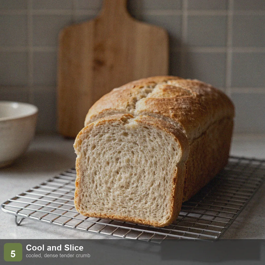 Bread machine no yeast bread step 5: loaf cooled and sliced, showing dense tender crumb, no large air pockets