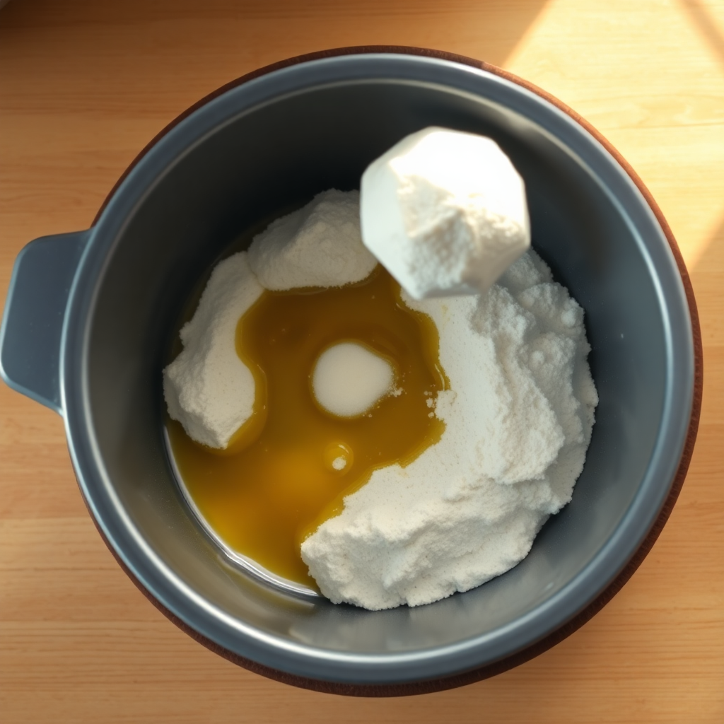 Bread machine pizza dough step 1: ingredients — flour, yeast, salt, sugar, water and oil — being added to the bread machine pan in order Bread machine pizza dough step 1: ingredients — flour, yeast, salt, sugar, water and oil — being added to the bread machine pan in order