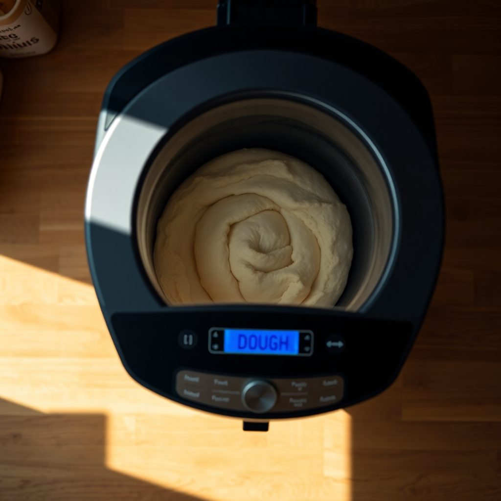 Bread machine pizza dough step 2: bread machine display showing dough setting, 90-minute cycle started Bread machine pizza dough step 2: bread machine display showing dough setting, 90-minute cycle started