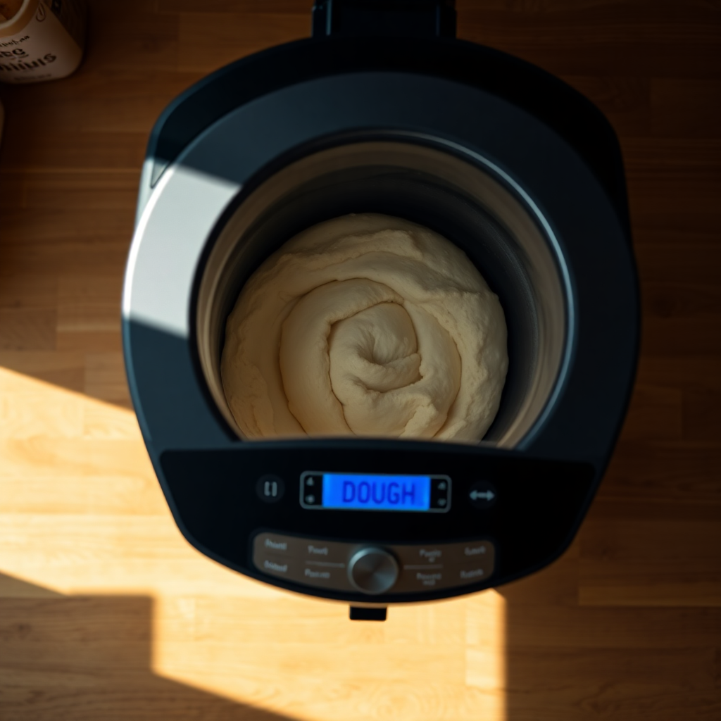 Bread machine pizza dough step 2: bread machine display showing dough setting, 90-minute cycle started Bread machine pizza dough step 2: bread machine display showing dough setting, 90-minute cycle started