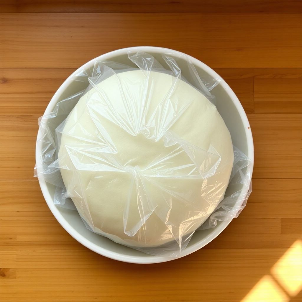 Bread machine pizza dough step 4: dough being rolled out into a round circle on a floured surface with a rolling pin, edges thicker Bread machine pizza dough step 4: dough being rolled out into a round circle on a floured surface with a rolling pin, edges thicker