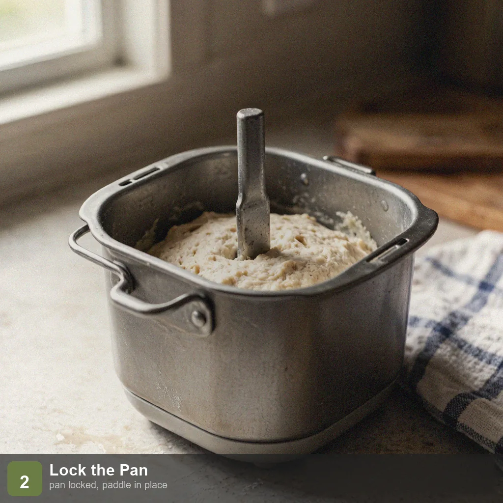 Bread machine quick bread step 2: pan locked into the bread machine with the kneading paddle in place