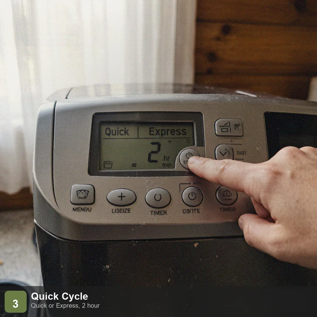Bread machine quick bread step 3: bread machine display showing Quick or Express cycle selected with about a 2-hour timer