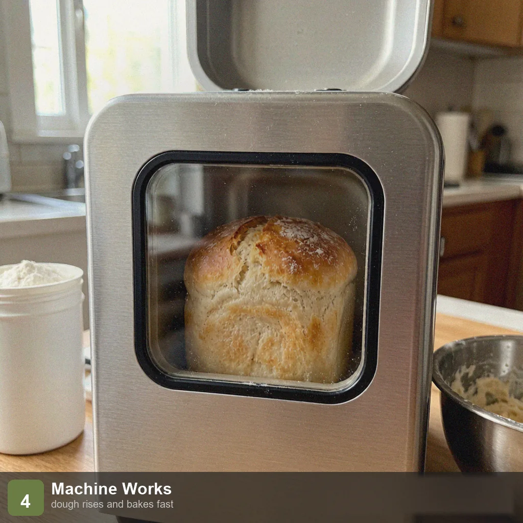 Bread machine quick bread step 4: dough rising and baking inside the machine through the viewing window during the quick cycle