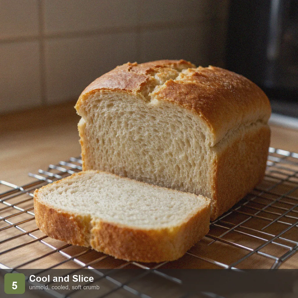 Bread machine quick bread step 5: loaf removed and sliced, showing soft even crumb and light golden crust