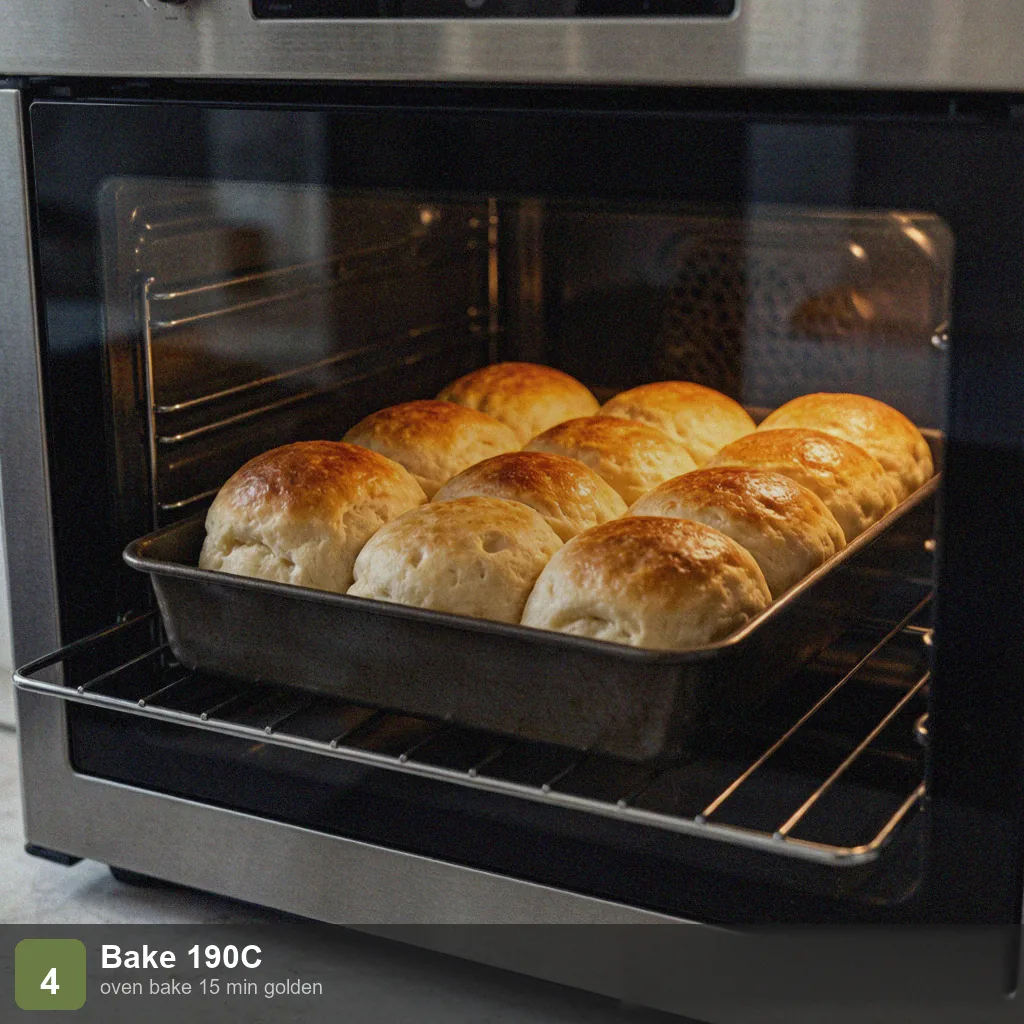 Bread machine quick dinner rolls step 4: rolls baking in the oven at 190°C, turning golden brown on top