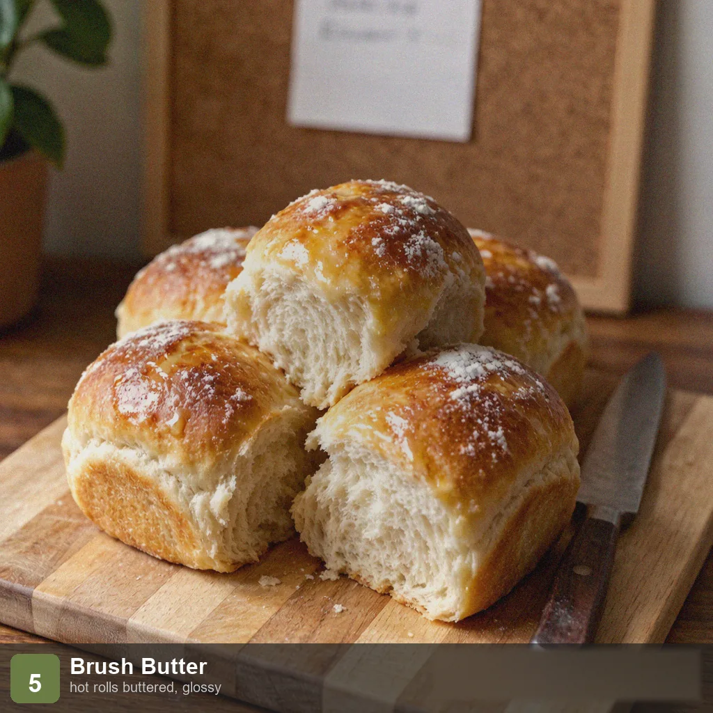 Bread machine quick dinner rolls step 5: hot rolls brushed with melted butter, glossy and pull-apart, ready to serve