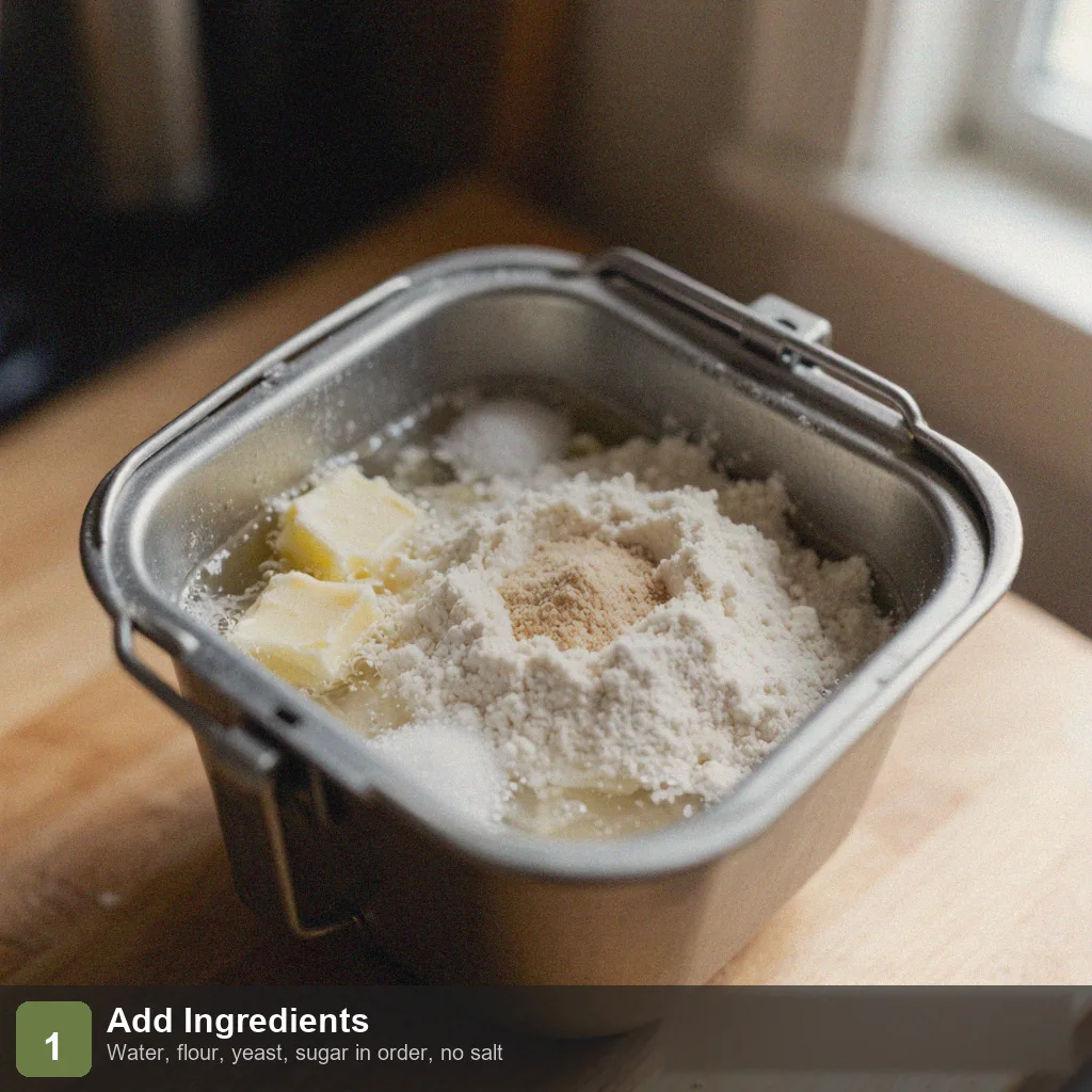 Bread machine sodium free bread step 1: flour, water, butter, sugar, yeast added to pan, absolutely no salt or substitute