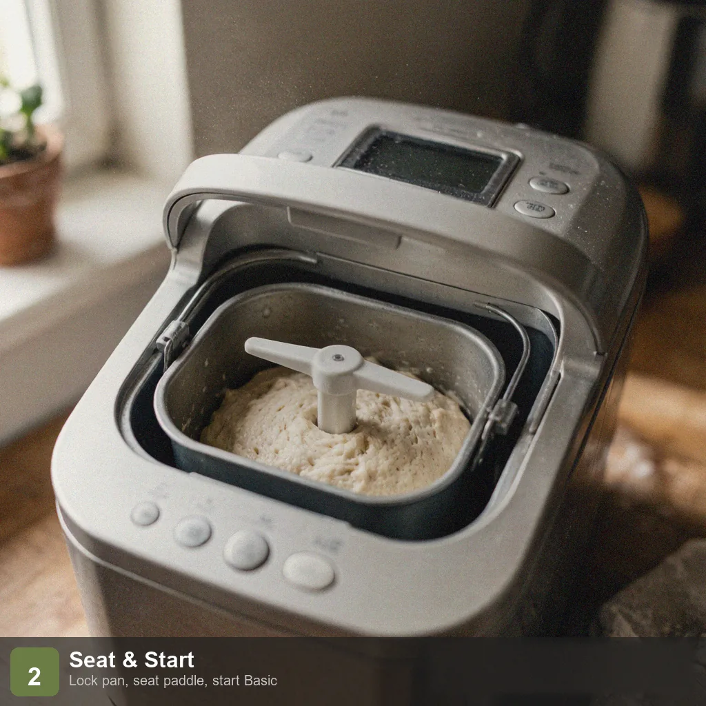 Bread machine sodium free bread step 2: pan inserted, paddle locked, basic cycle started, lid closed