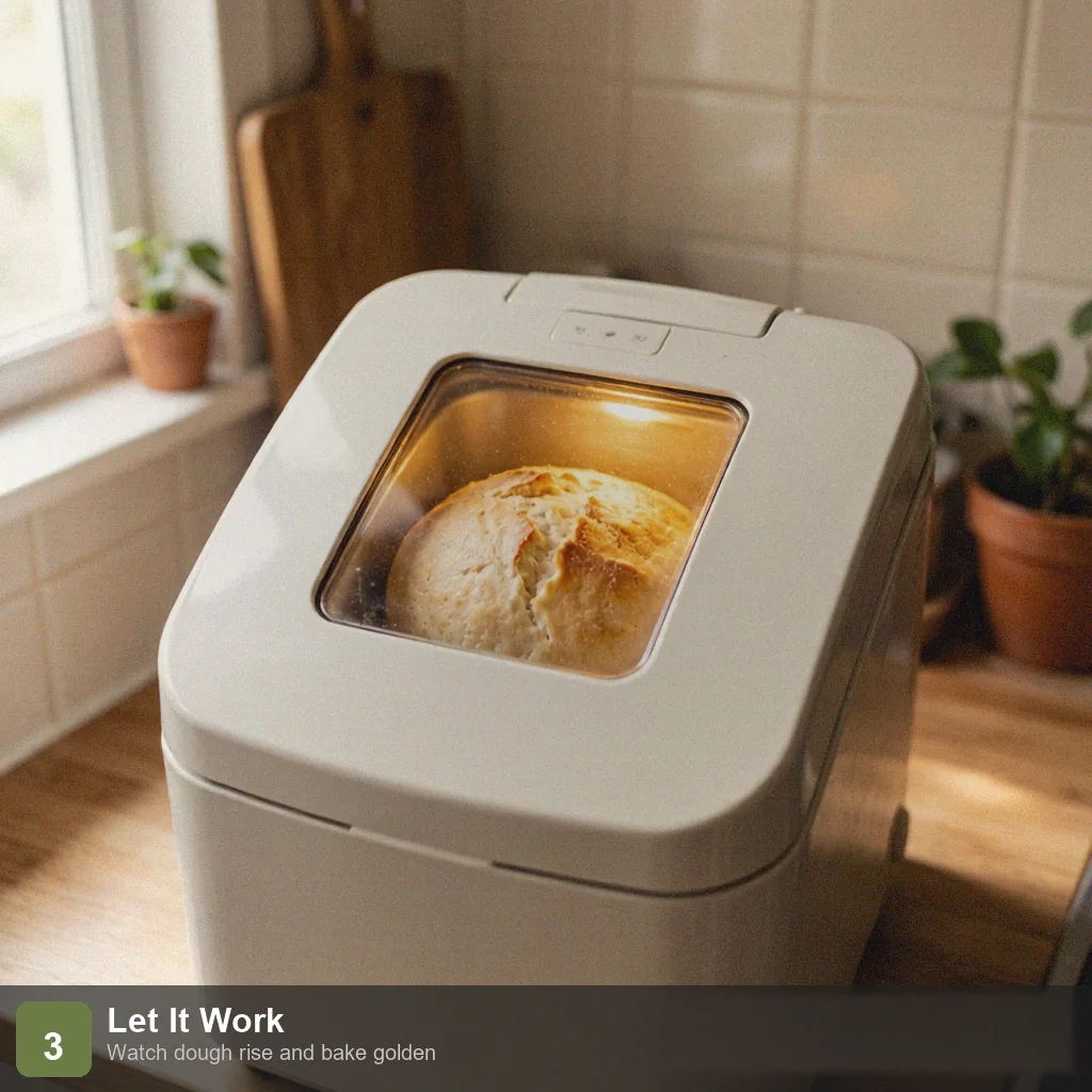 Bread machine sodium free bread step 3: dough rising and baking through window, golden crust forming