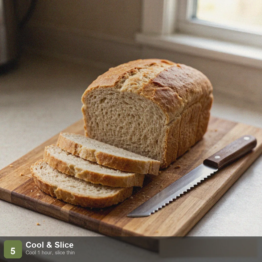 Bread machine sodium free bread step 5: fully cooled loaf sliced thin, showing plain soft crumb, truly no sodium