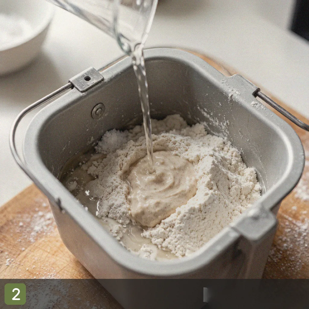 Bread machine sourdough step 2: add water flour salt starter to pan