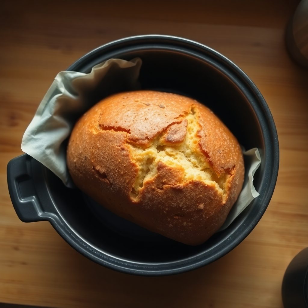 Bread machine white bread step 4: bread machine working, dough visible through the viewing window, risen and golden during bake cycle Bread machine white bread step 4: bread machine working, dough visible through the viewing window, risen and golden during bake cycle