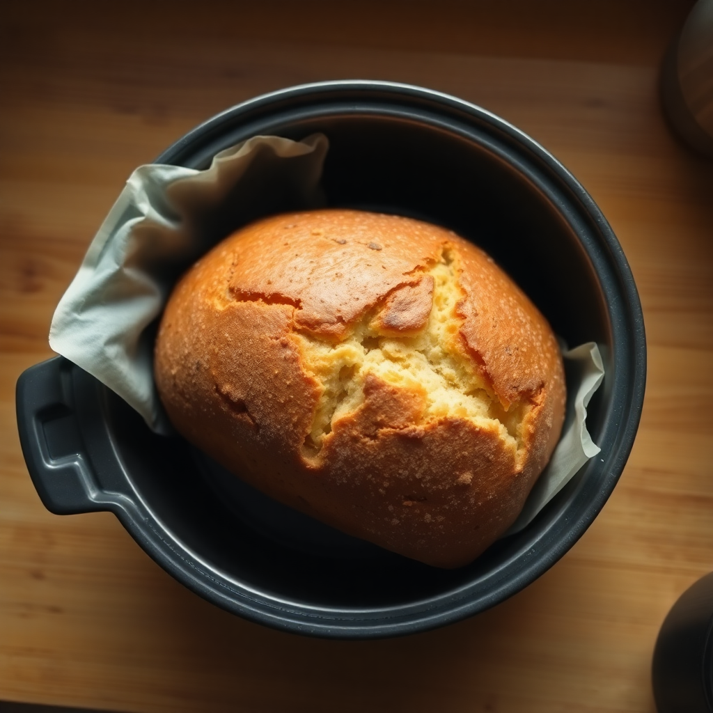 Bread machine white bread step 4: bread machine working, dough visible through the viewing window, risen and golden during bake cycle