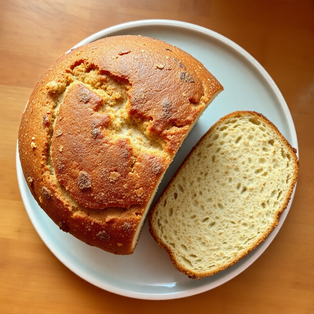Bread machine white bread step 5: loaf removed from machine, sliced to show square cross-section and soft white crumb