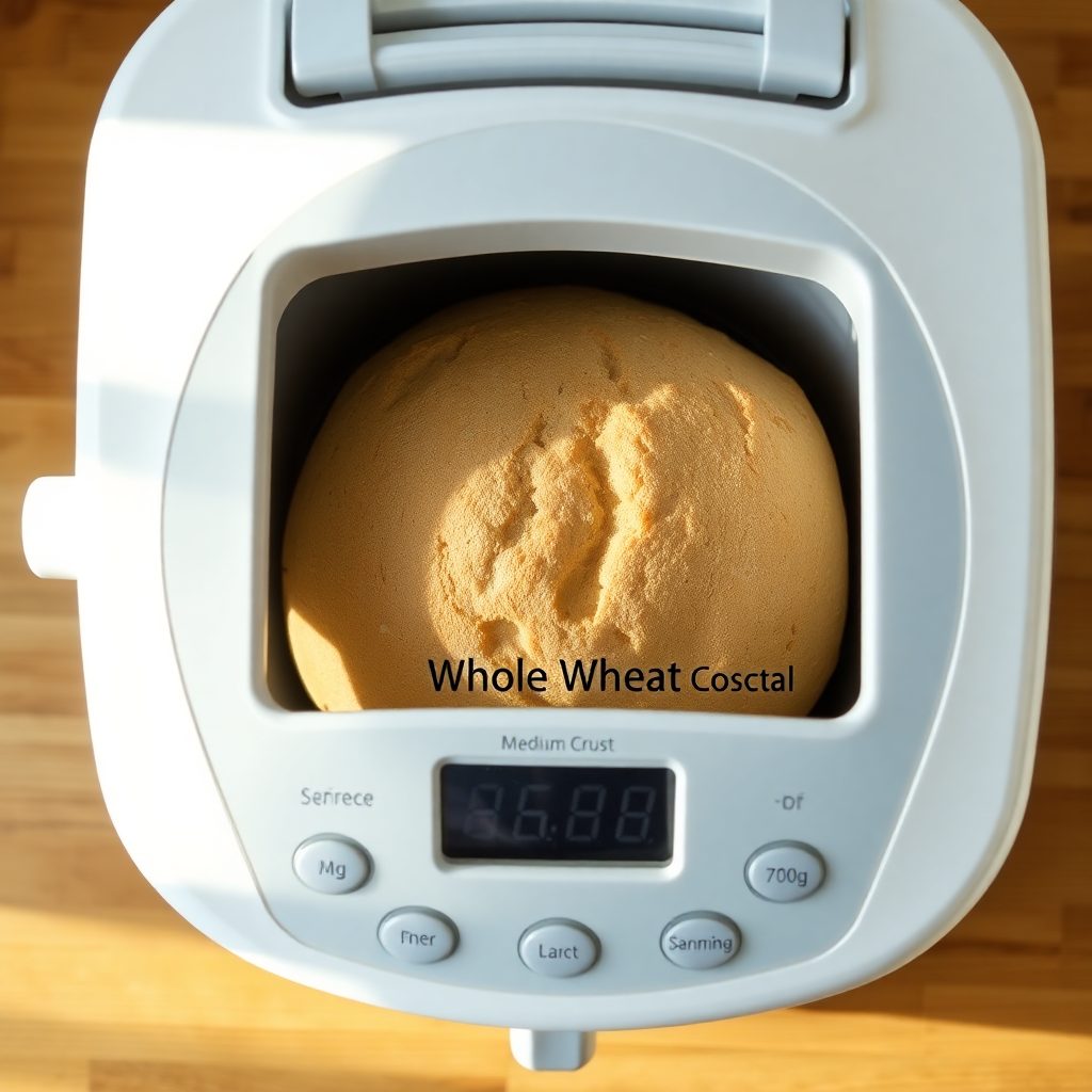 Bread machine whole wheat bread step 2: pan inserted into bread machine, ingredients in place, lid closing Bread machine whole wheat bread step 2: pan inserted into bread machine, ingredients in place, lid closing