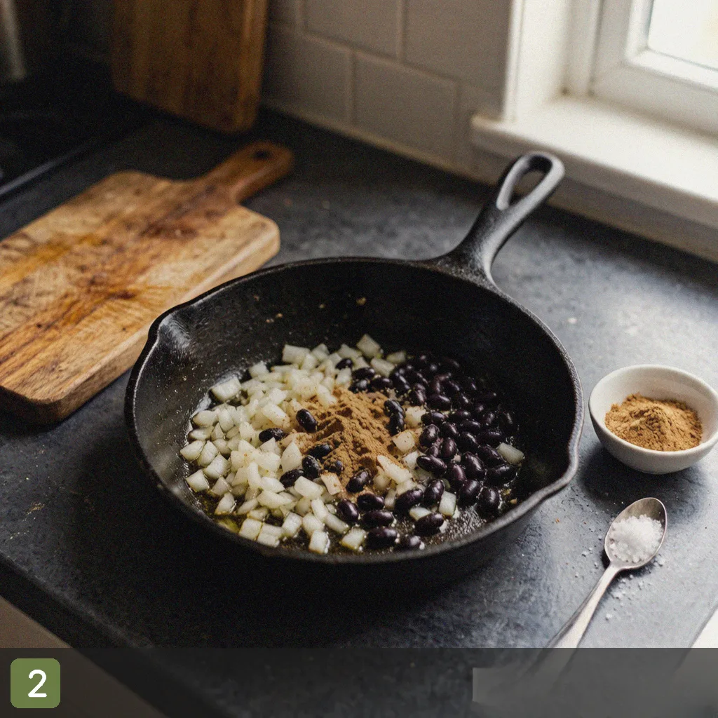 Budget meal prep step 2: saute beans with onion