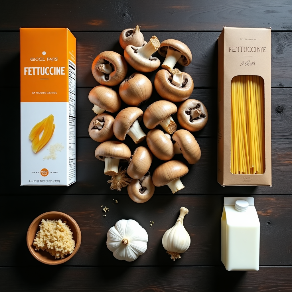 Creamy mushroom pasta step 1: sliced mushrooms, garlic, cream and fettuccine laid out on counter, two pots on stove ready to go Sliced mushrooms, garlic, cream, and pasta on the counter