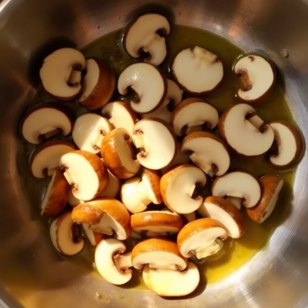 Creamy mushroom pasta step 2: mushroom slices browning in butter in a pan, golden and caramelized, garlic added Mushroom slices browning in butter