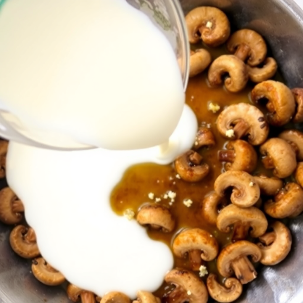 Creamy mushroom pasta step 3: heavy cream added to golden mushrooms, bubbling and thickening into a rich sauce Heavy cream added to mushrooms, bubbling and thickening
