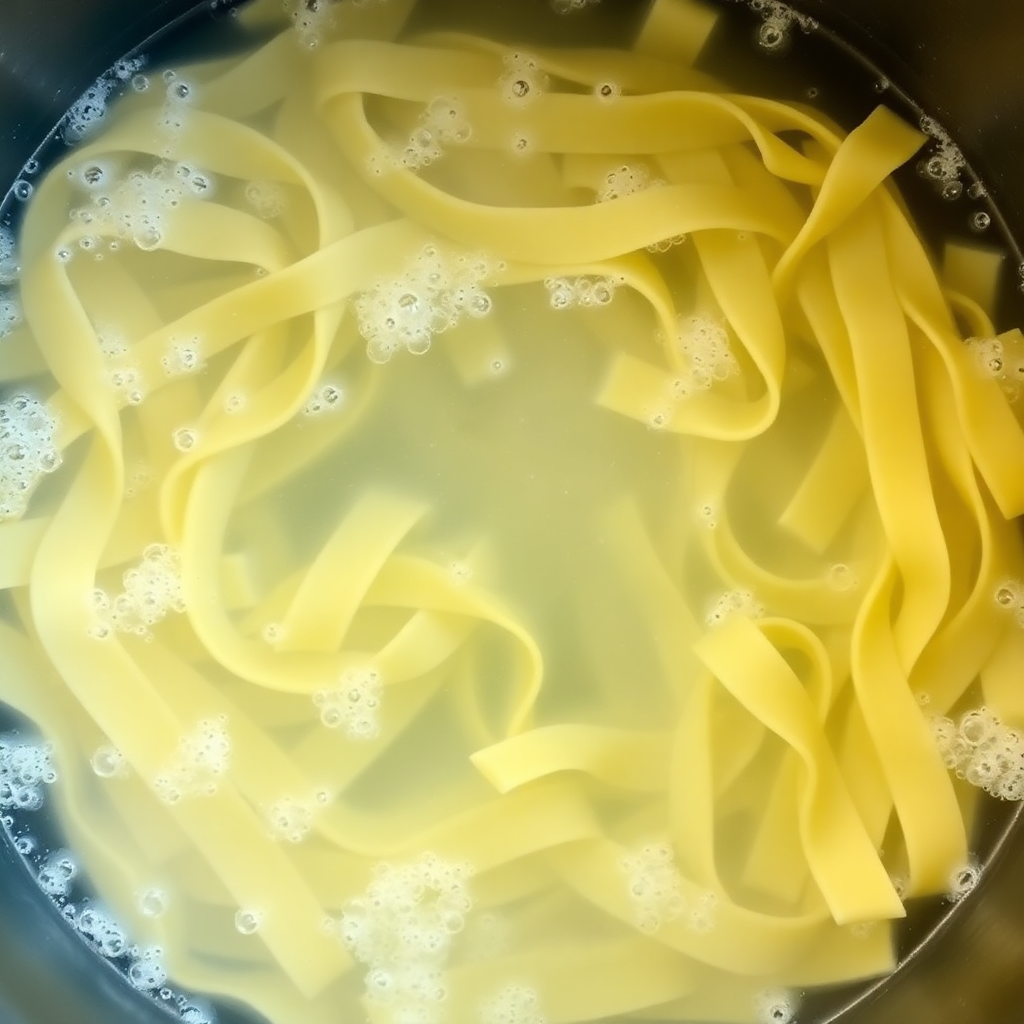 Creamy mushroom pasta step 4: cooked fettuccine being tossed in the creamy mushroom sauce with pasta water, coating every strand Pasta being tossed in the creamy mushroom sauce